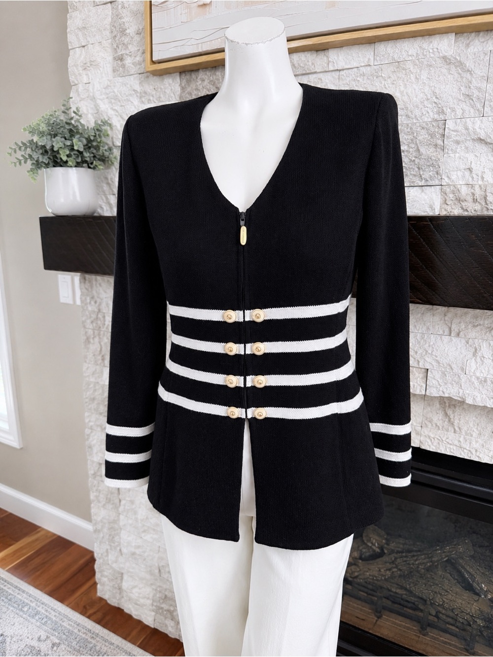 St. John Collection Santana Knit Striped Zip Jacket Black Ivory 4 - Picture 2 of 11